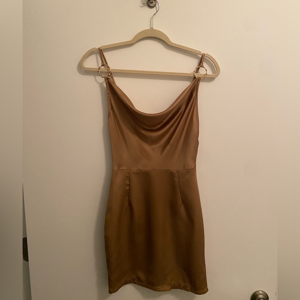 Gold satin plunge neckline dress. Never worn!